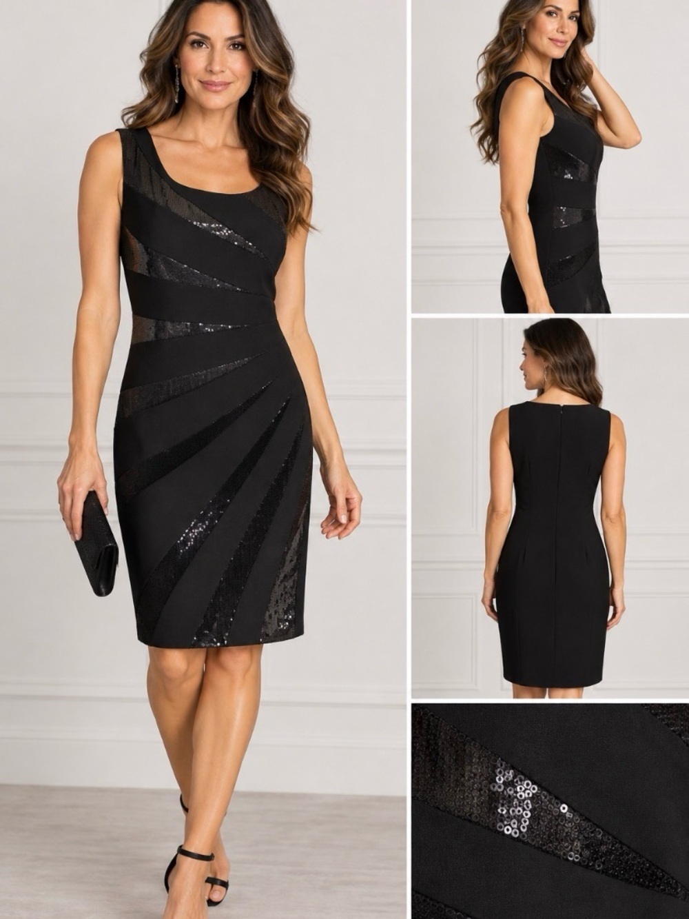 Frank Lyman Black Sequin Panel Sheath Cocktail Dress Sleeveless